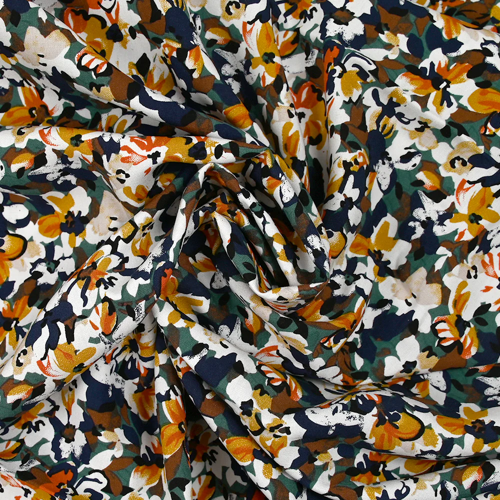 Viscose imprimée les fleurs d'Ornella orange brûlé, canard et marine - Image 2