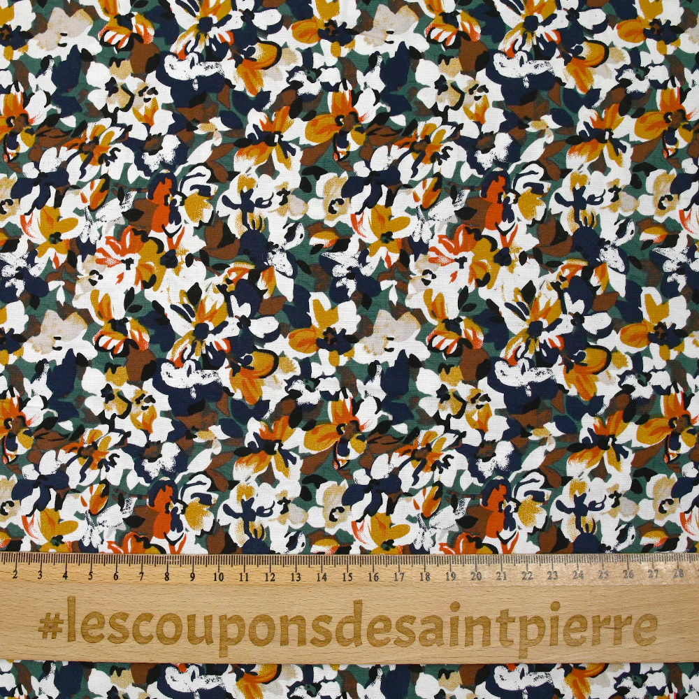 Viscose imprimée les fleurs d'Ornella orange brûlé, canard et marine - Image 3