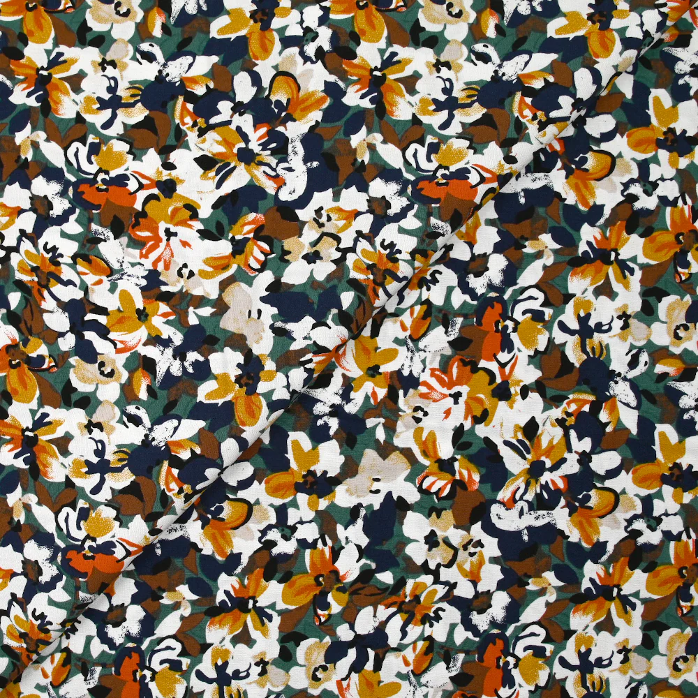 Viscose imprimée les fleurs d'Ornella orange brûlé, canard et marine - Image 4