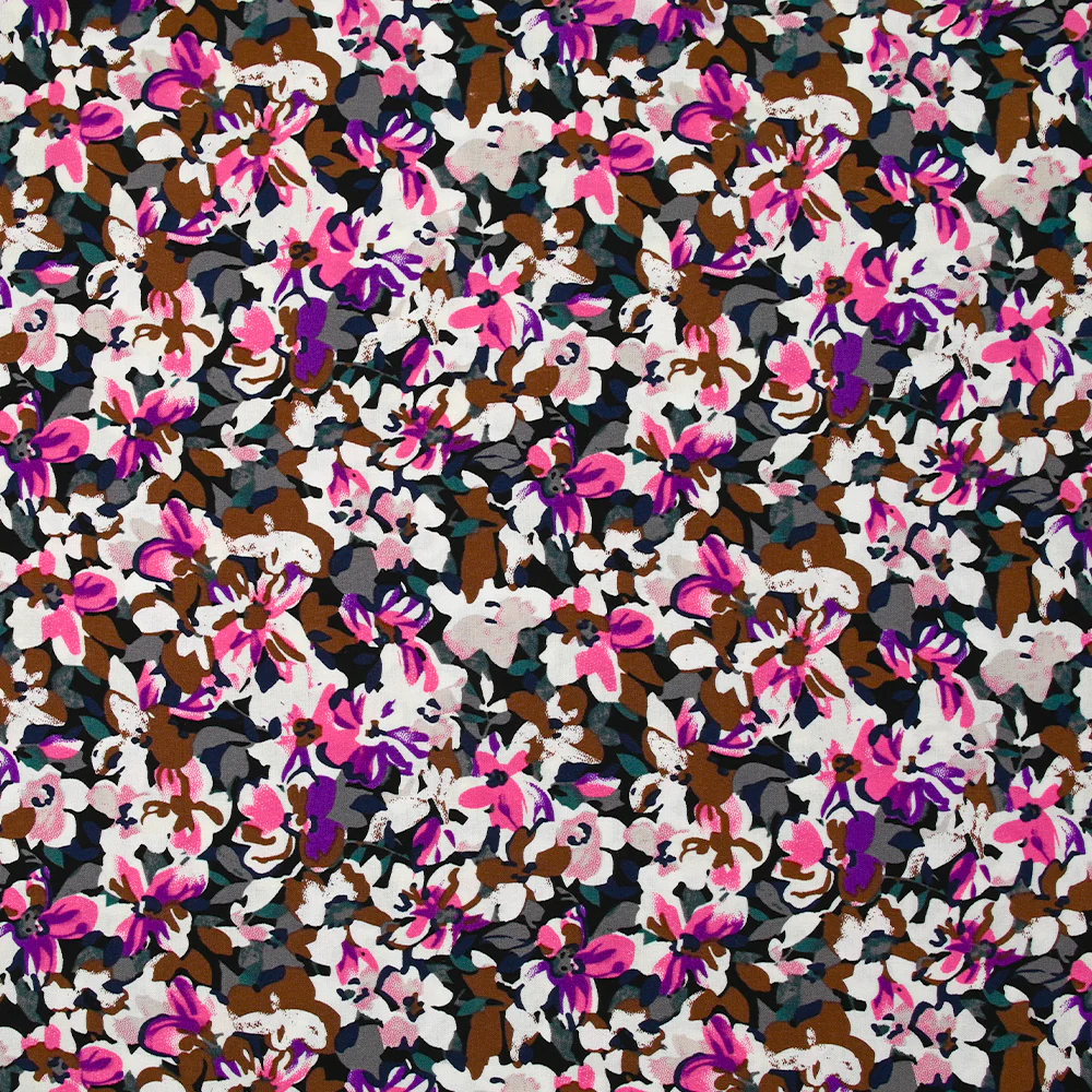 Viscose imprimée les fleurs d'Ornella violet, fuchsia et marron