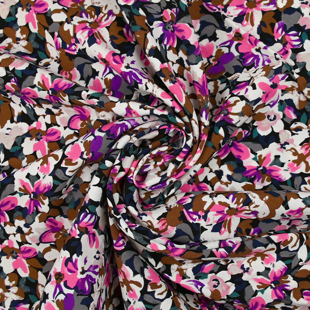 Viscose imprimée les fleurs d'Ornella violet, fuchsia et marron - Image 2