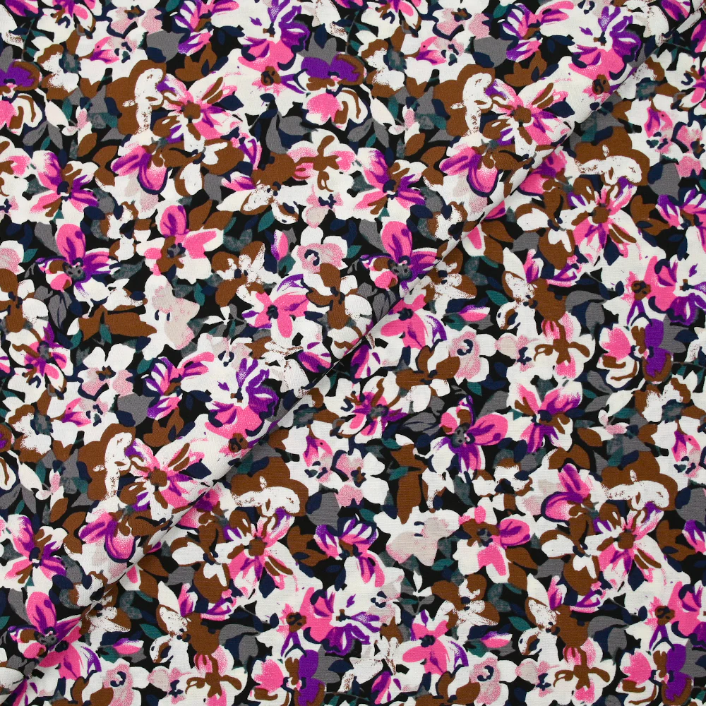 Viscose imprimée les fleurs d'Ornella violet, fuchsia et marron - Image 4