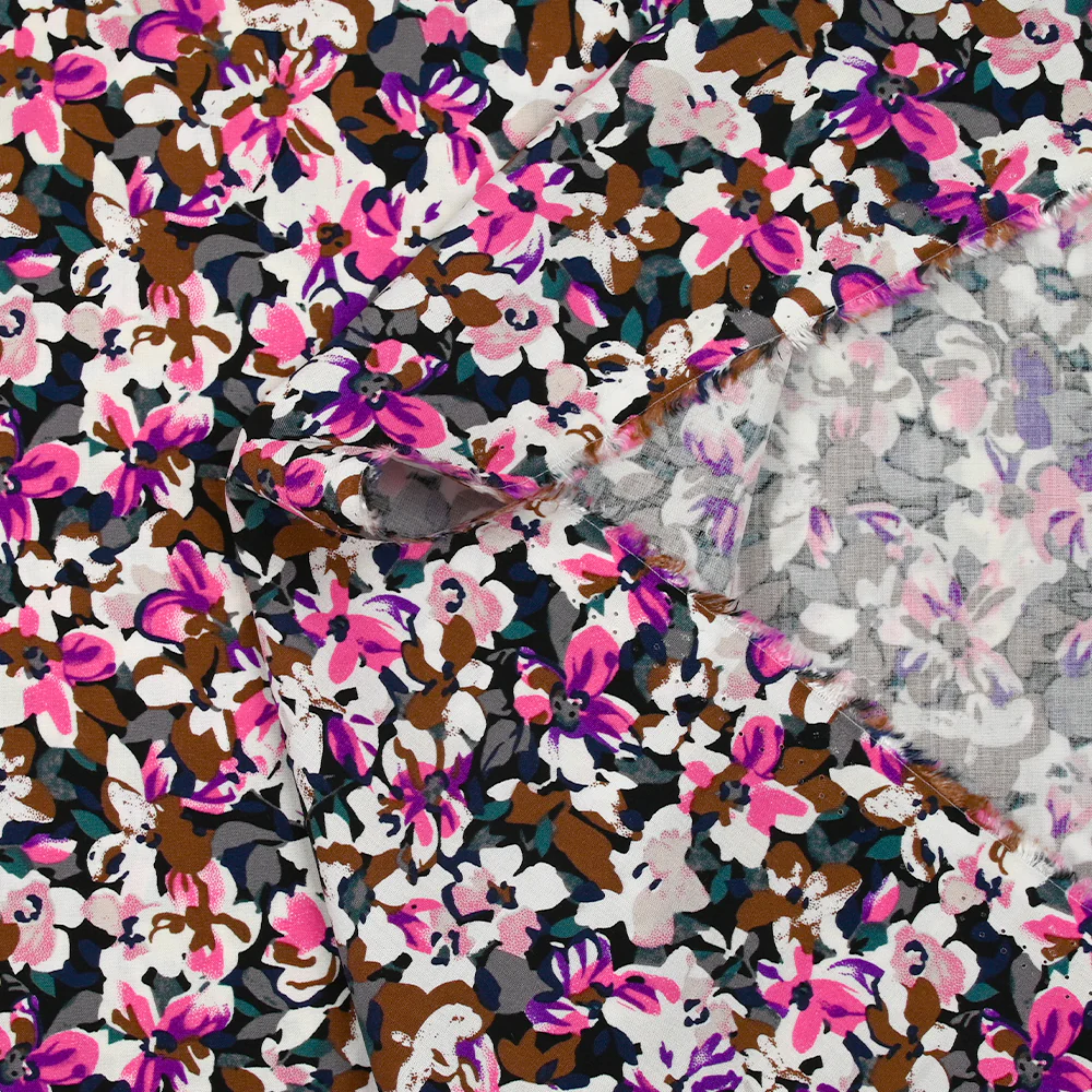Viscose imprimée les fleurs d'Ornella violet, fuchsia et marron - Image 5