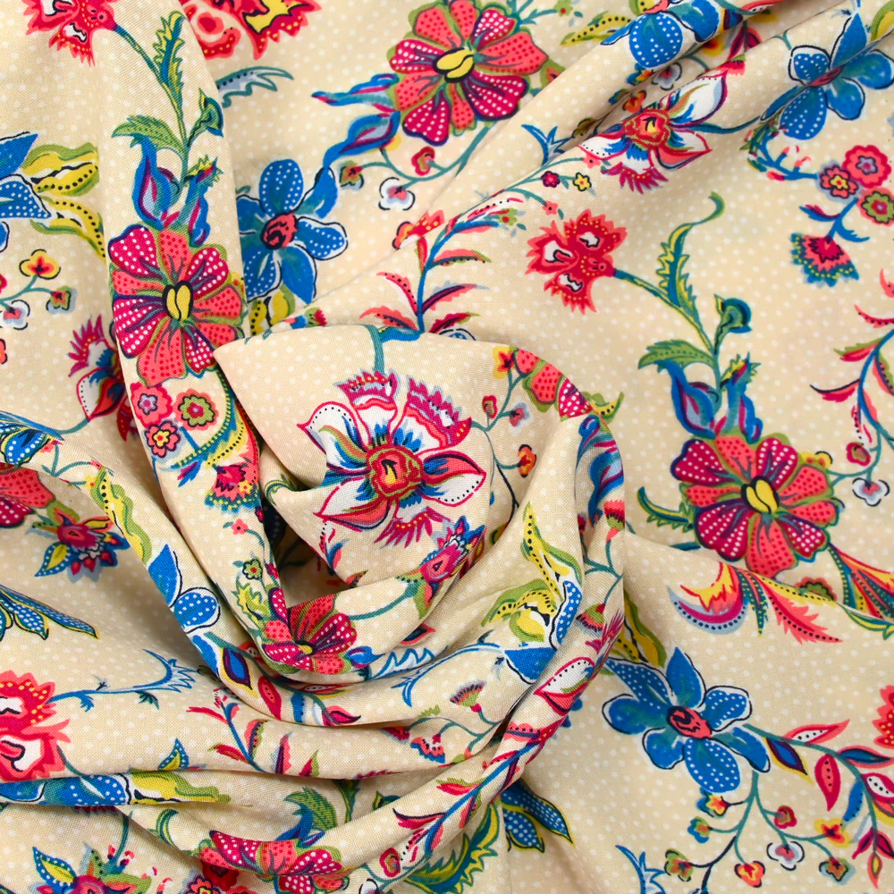 Viscose imprimée liane de fleurs bleu fond sable - Image 2