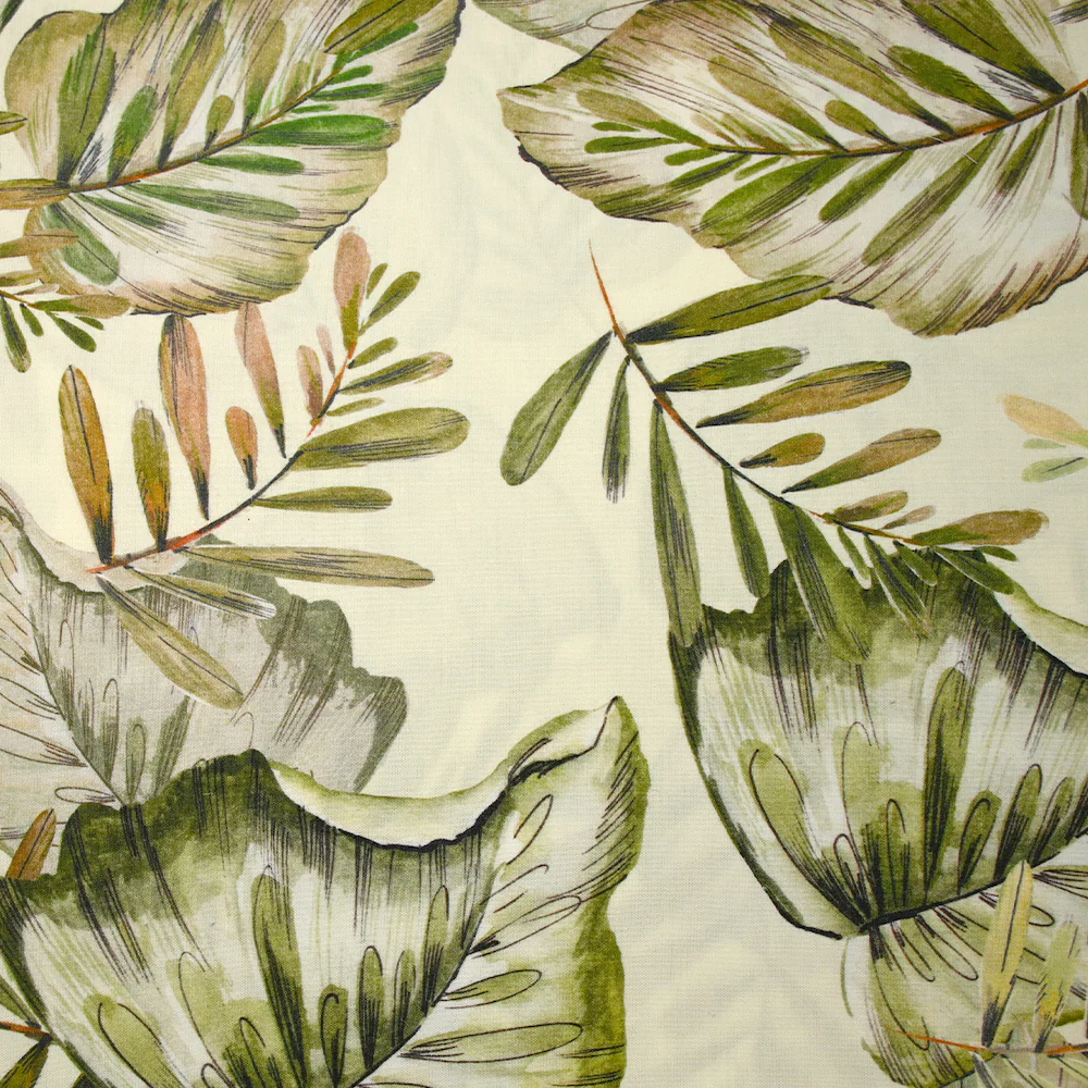 Viscose imprimée nature en feuilles vert fond écru