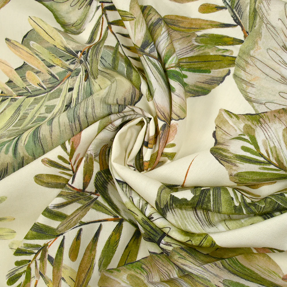 Viscose imprimée nature en feuilles vert fond écru - Image 2