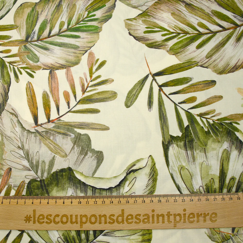 Viscose imprimée nature en feuilles vert fond écru - Image 3