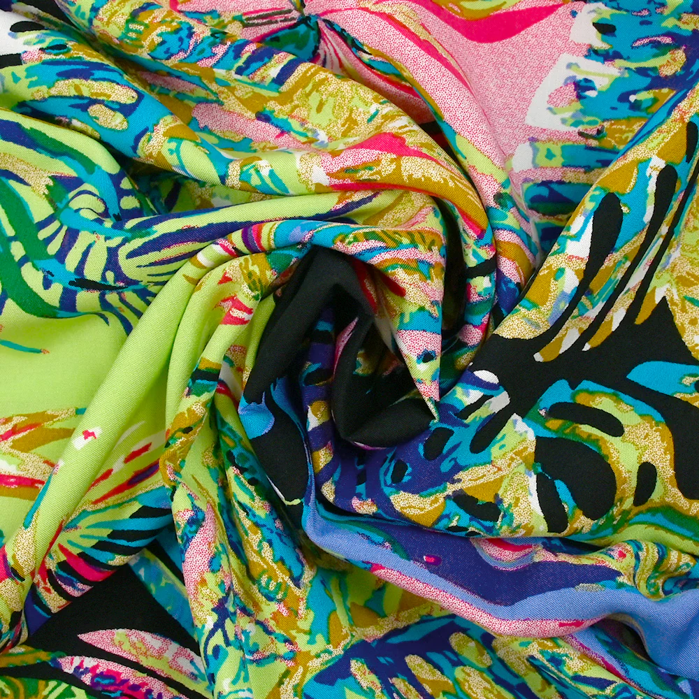 Viscose imprimée nature psychédélique fond vert clair et bleu lavande - Image 2
