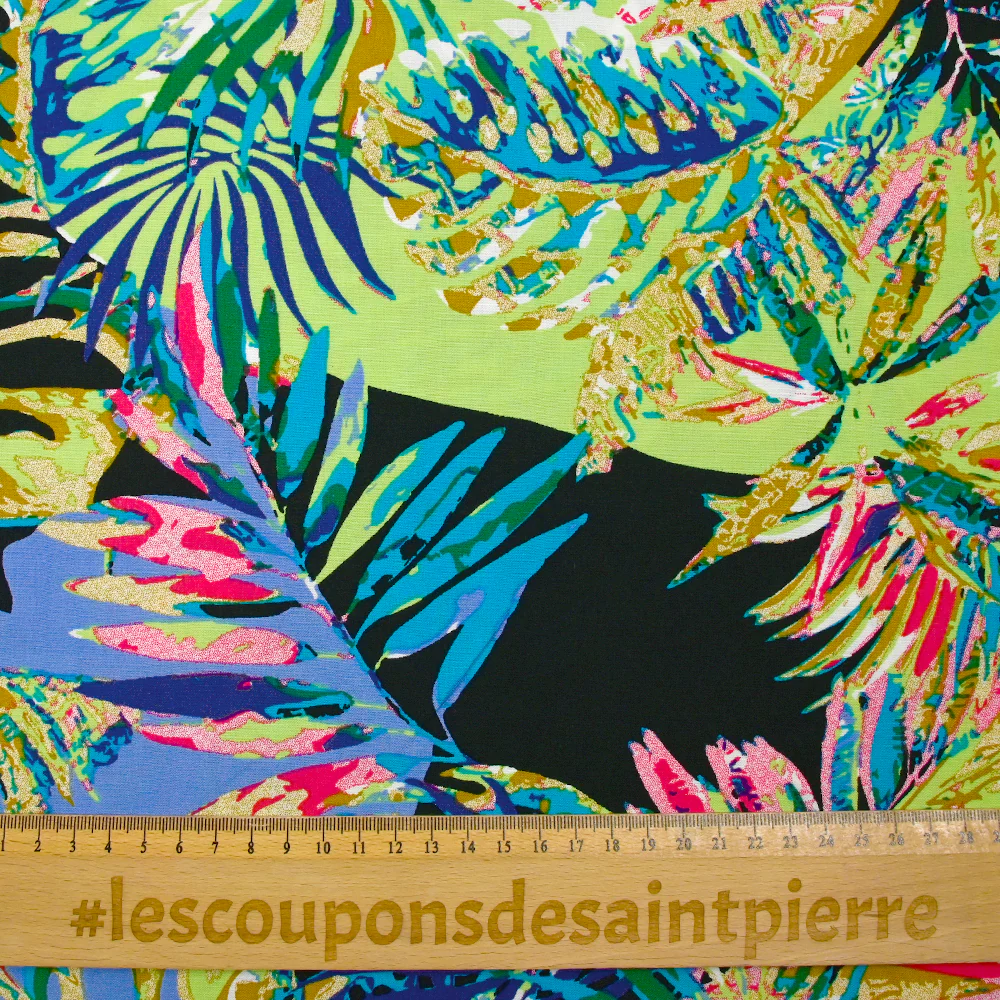 Viscose imprimée nature psychédélique fond vert clair et bleu lavande - Image 3