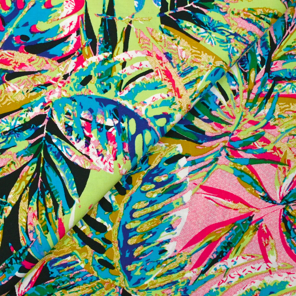 Viscose imprimée nature psychédélique fond vert clair et bleu lavande - Image 4
