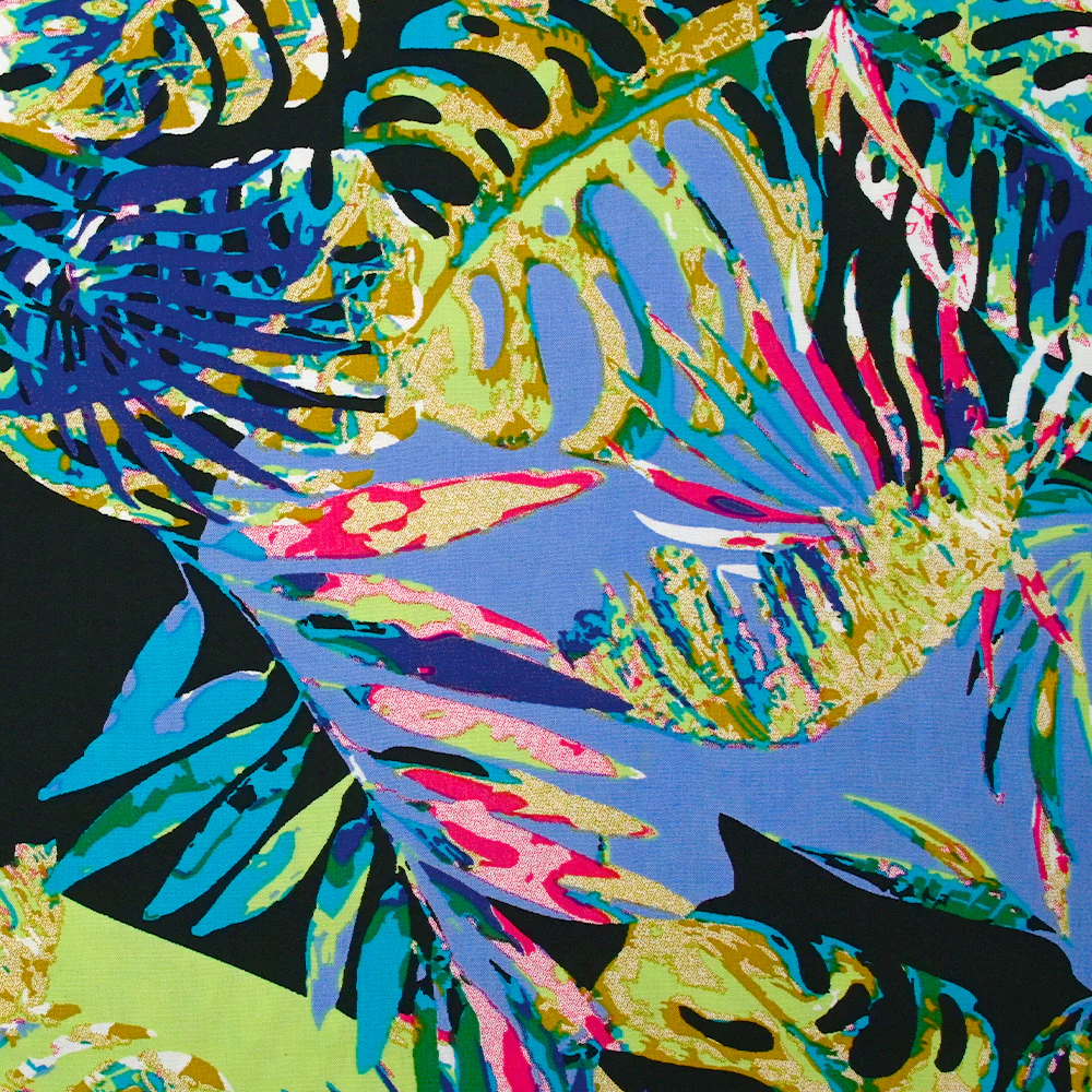 Viscose imprimée nature psychédélique fond vert clair et bleu lavande - Image 5