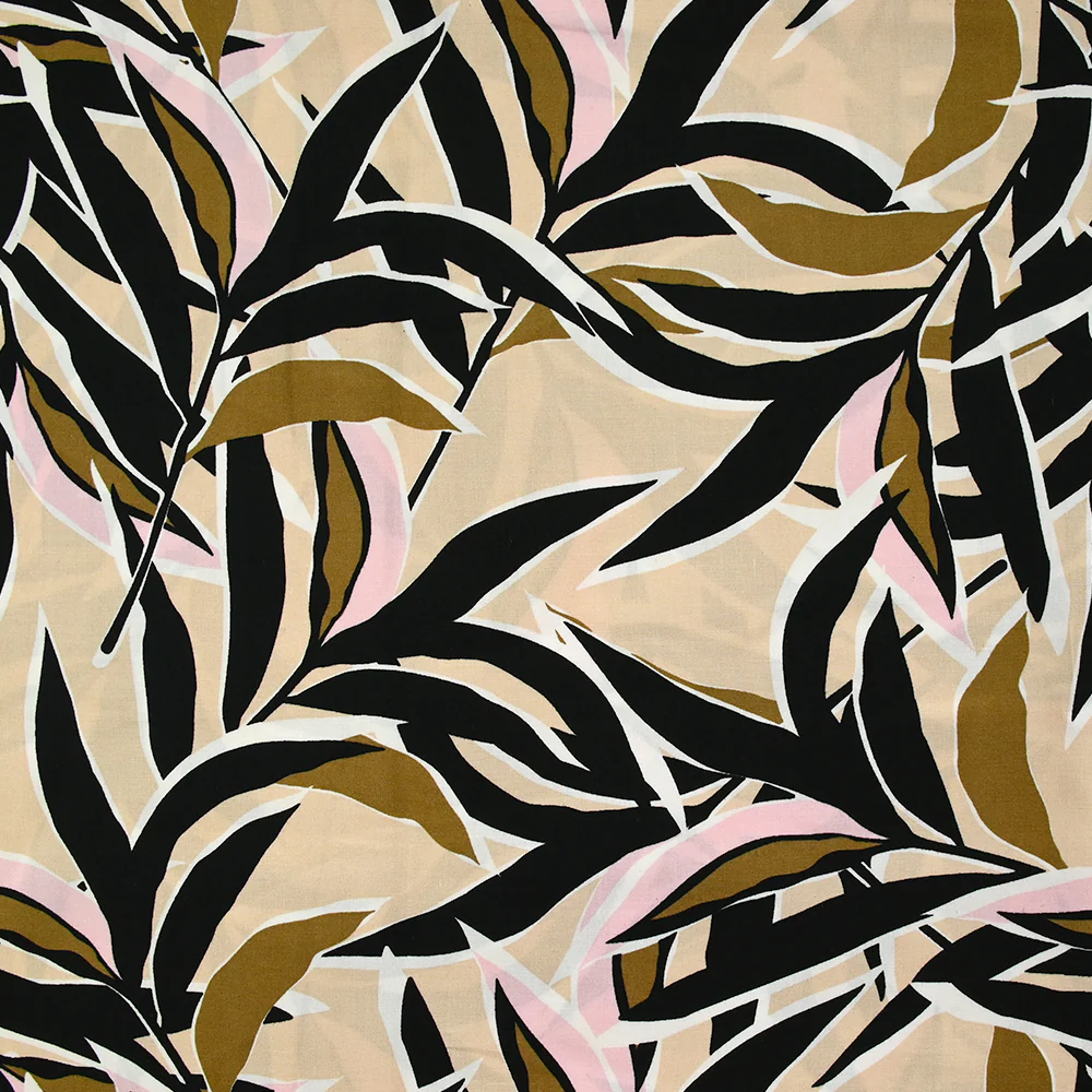 Viscose imprimée plante du désert marron et rose fond beige