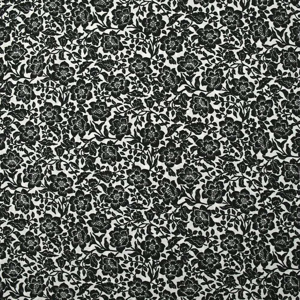 Viscose imprimée stretch fleurs noir fond blanc