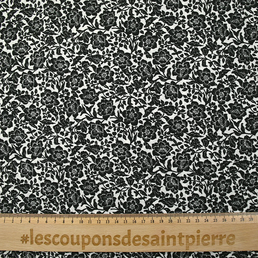 Viscose imprimée stretch fleurs noir fond blanc - Image 3