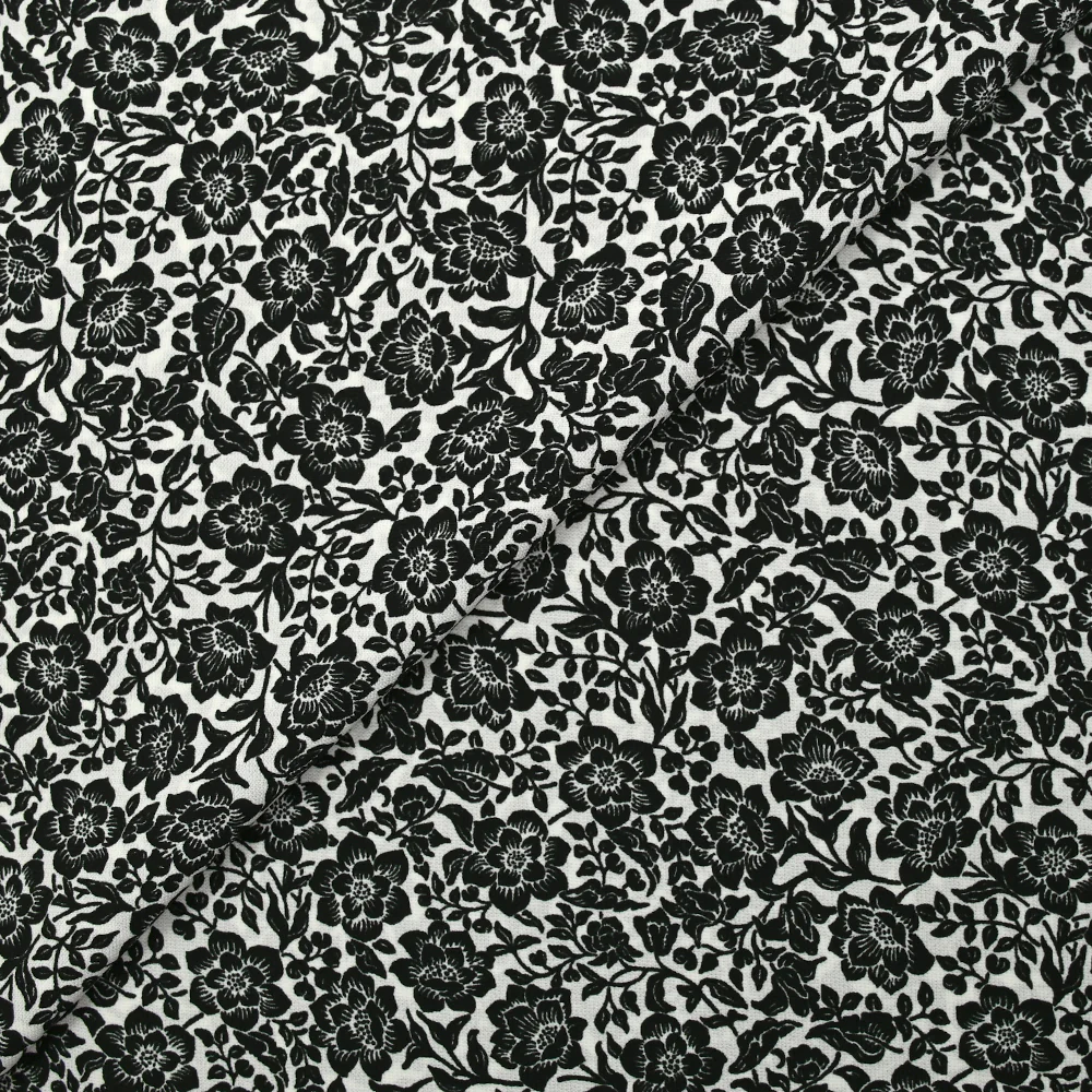 Viscose imprimée stretch fleurs noir fond blanc - Image 4