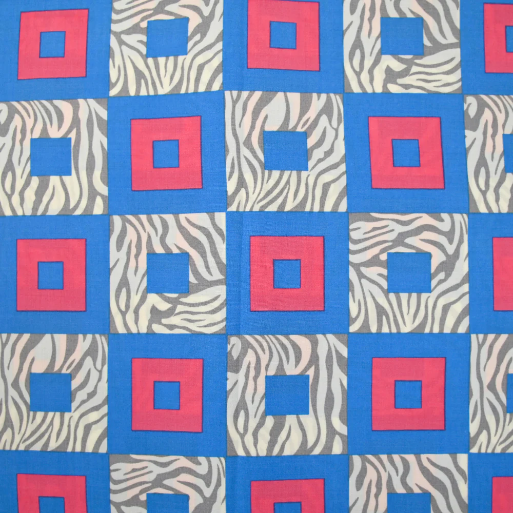 Viscose imprimée tigre et carré bleu et rose