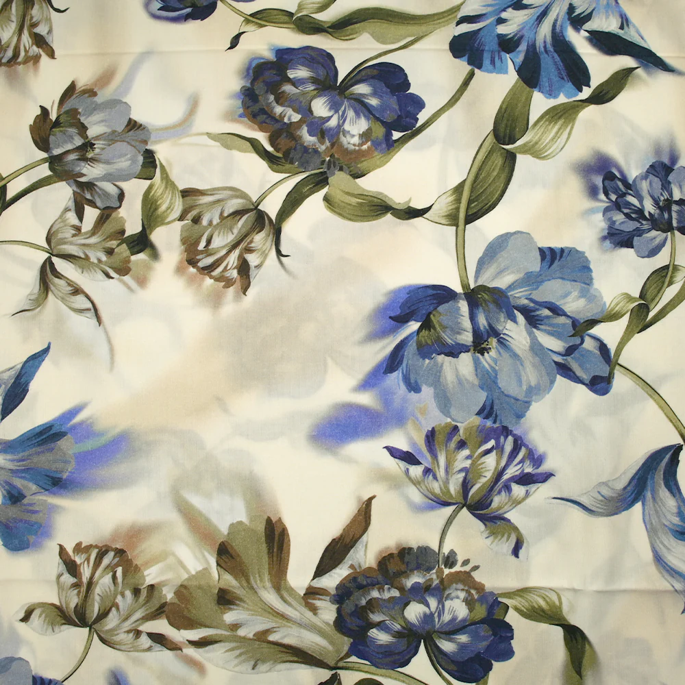 Viscose imprimée tulipes entremêlées bleu fond écru