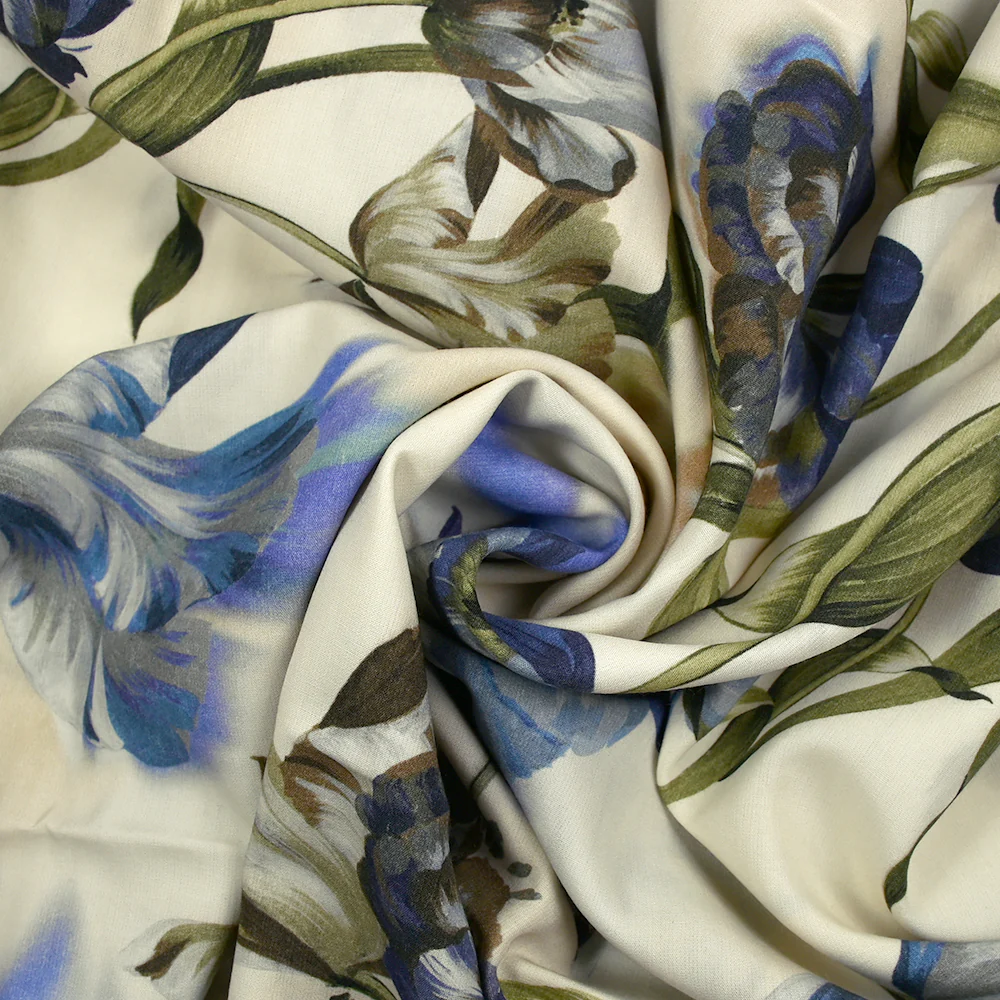 Viscose imprimée tulipes entremêlées bleu fond écru - Image 2