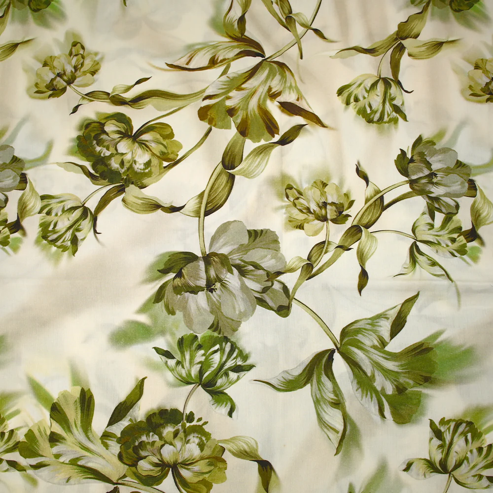 Viscose imprimée tulipes entremêlées vert fond écru