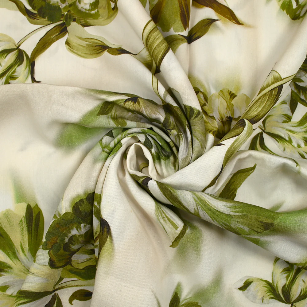Viscose imprimée tulipes entremêlées vert fond écru - Image 2