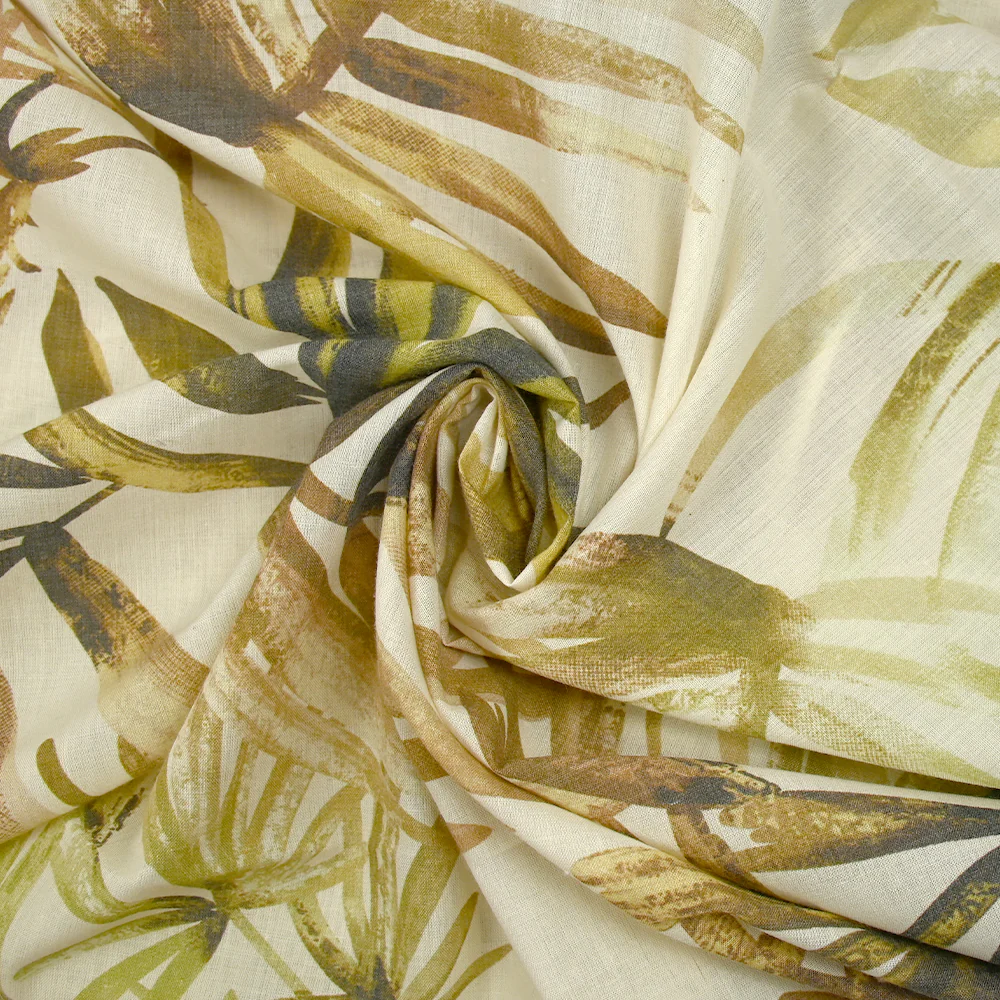 Voile de polycoton imprimé frise et palmiers vert et marron fond écru - Image 2