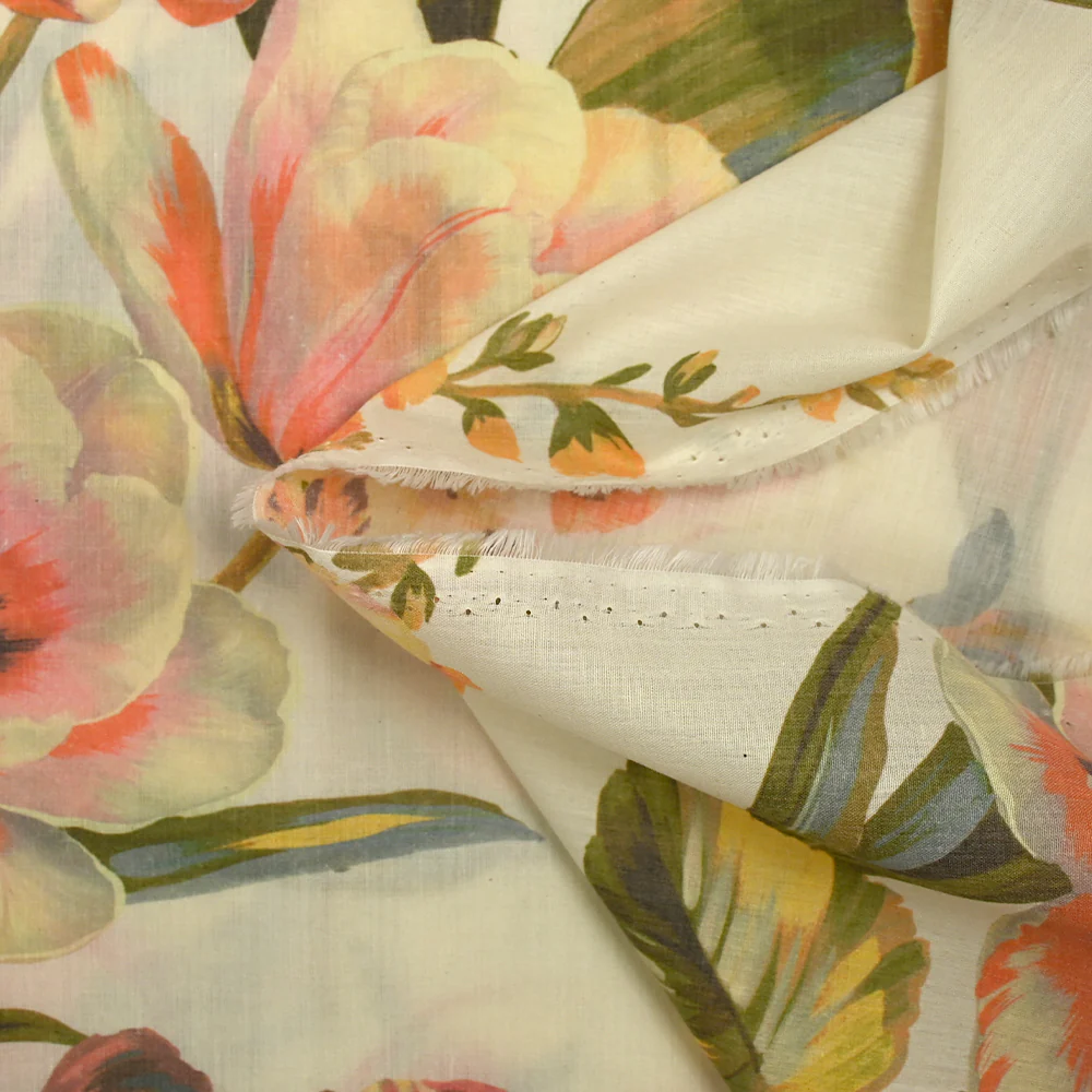 Voile de polycoton imprimé le temps des tulipes corail fond écru - Image 5