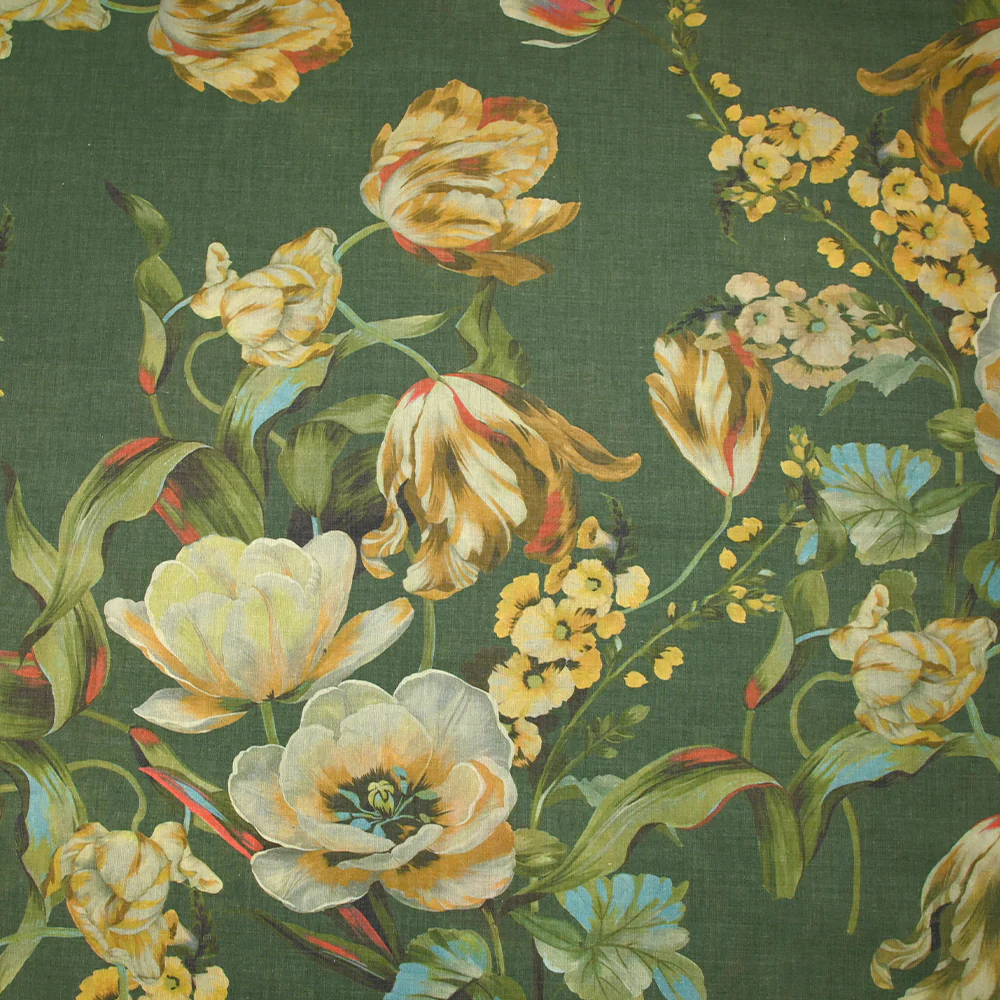 Voile de polycoton imprimé le temps des tulipes fond vert
