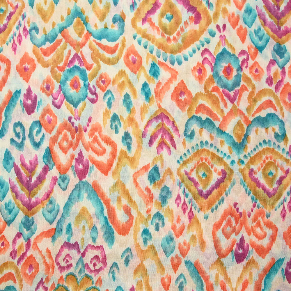 Voile polycoton imprimé Art bleu, marron et orange fond blanc cassé