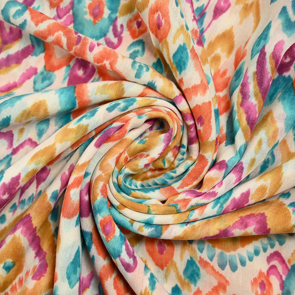 Voile polycoton imprimé Art bleu, marron et orange fond blanc cassé - Image 2