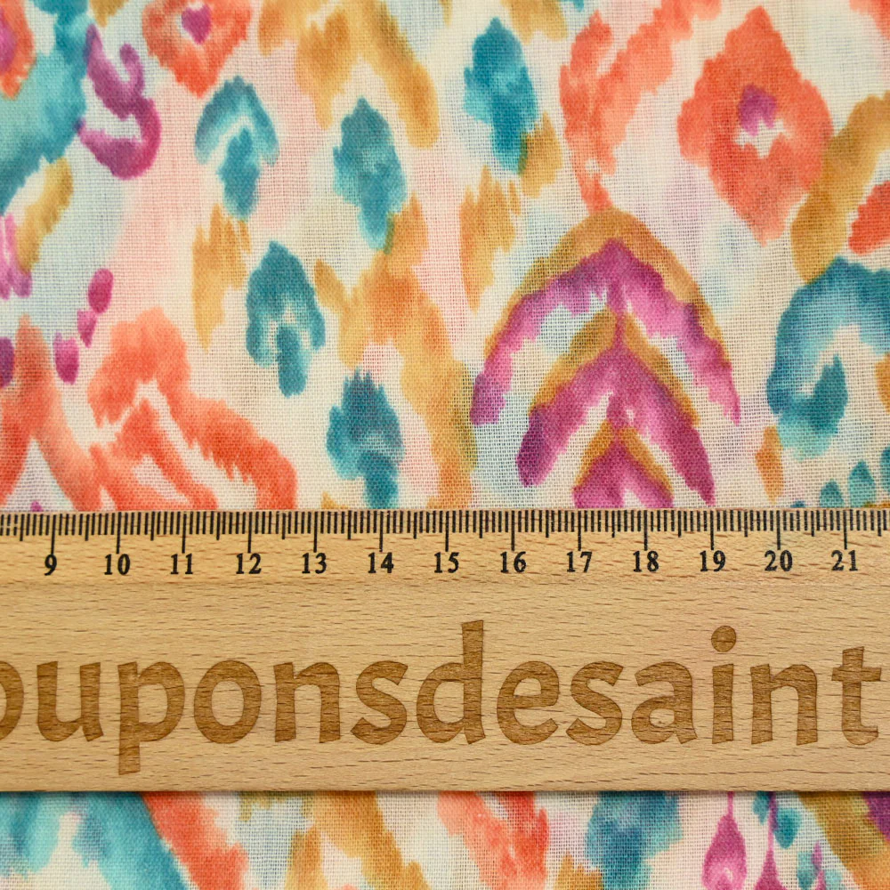 Voile polycoton imprimé Art bleu, marron et orange fond blanc cassé - Image 3