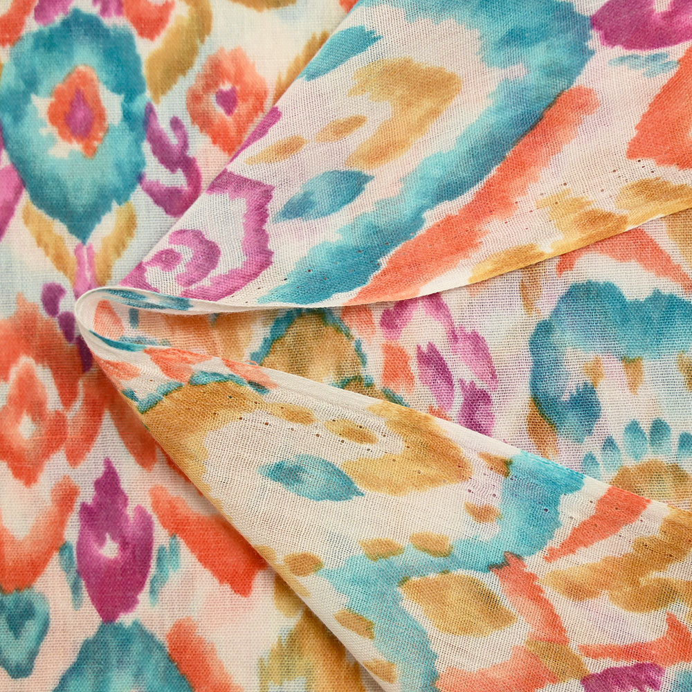 Voile polycoton imprimé Art bleu, marron et orange fond blanc cassé - Image 4