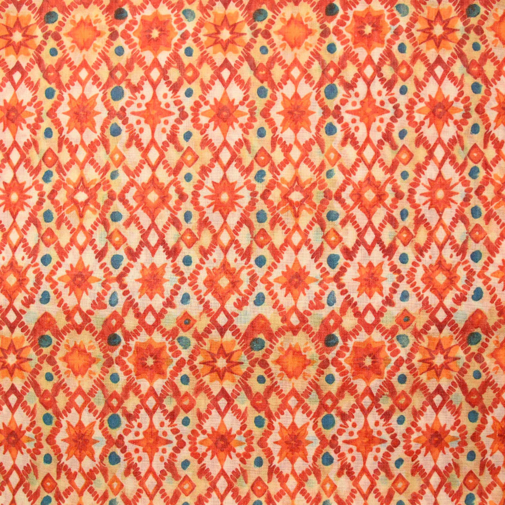 Voile polycoton imprimé diverses étoiles orange fond blanc