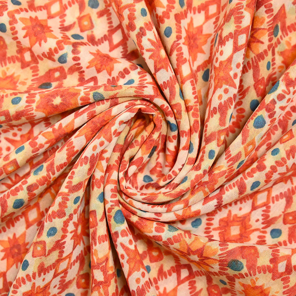 Voile polycoton imprimé diverses étoiles orange fond blanc - Image 2