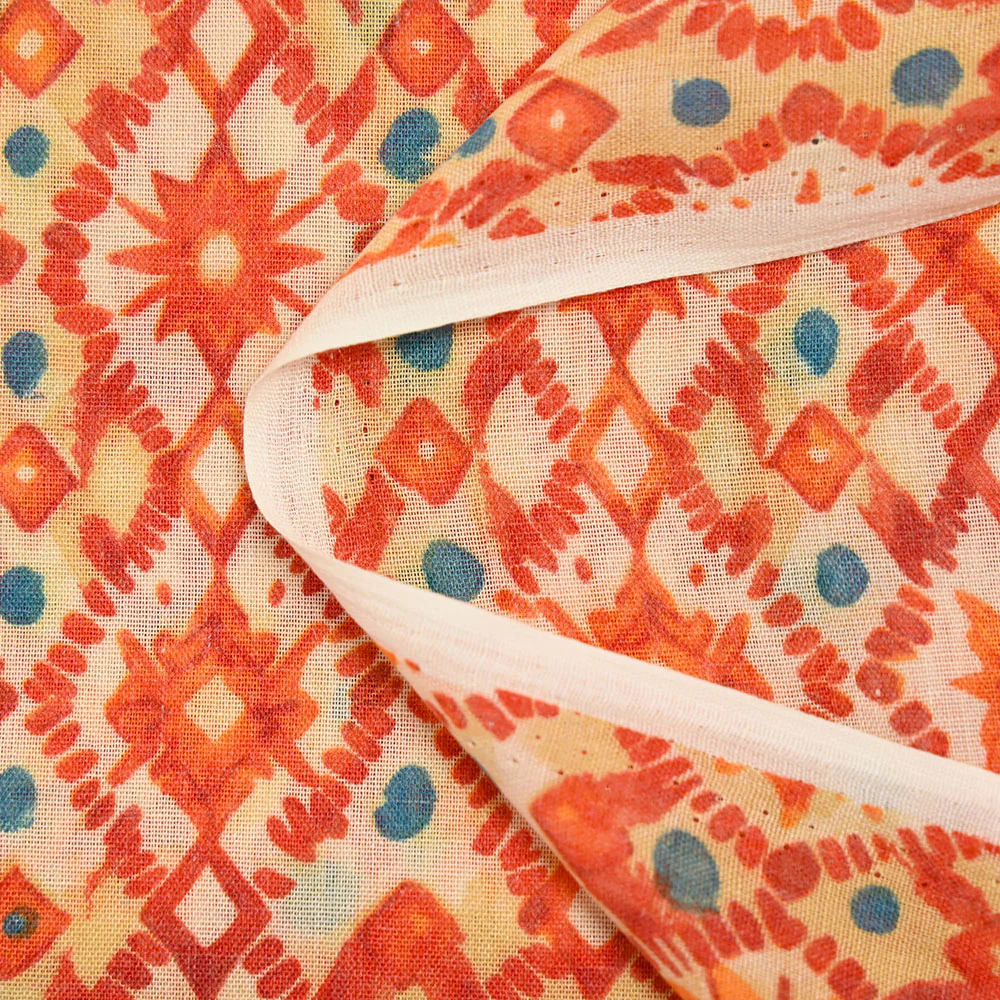Voile polycoton imprimé diverses étoiles orange fond blanc - Image 4