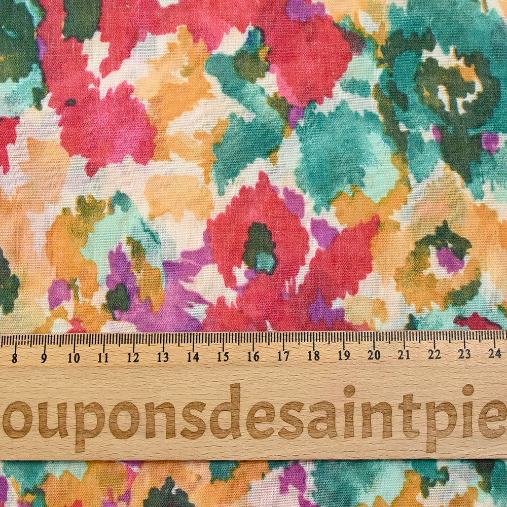 Voile polycoton imprimé taches de couleur turquoise, rouge et orange - Image 4